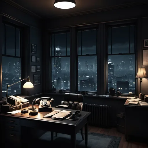 Prompt: A grimy detective office with a table and a telephone, in the middle of the night, with city lights in the window, noir aesthetic, modern office