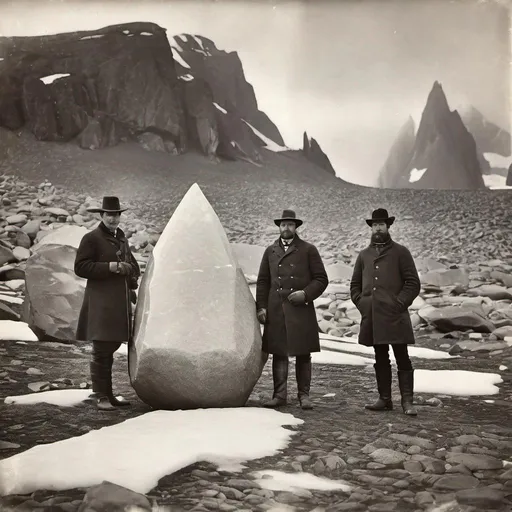 Prompt: 19th century Photograph of Explorers posing with giant ancient alien stone artifacts in Antarctica. Black and white photo, realistic, antique, dust scratches