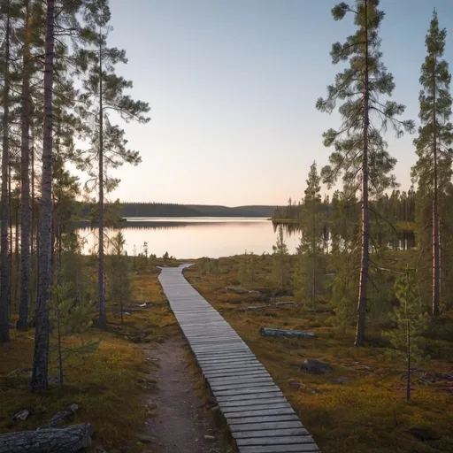 Prompt: peaceful landscape in Lapland at the lake when sun is raising. There are some forests like pines, tiny briches, spruces, small rapid, a path, in distant there´s a hill  