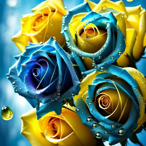 Prompt: Blue Roses with yellow drops 