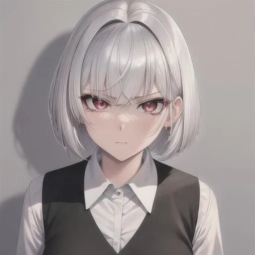 Prompt: 90s anime style, detailed, intricate face, portrait, detailed eyes, gentle tones, 90s tones, 90s era, 1girl, beautiful woman, short hair, {{white hair}}, red eyes, black pupil's, wearing school uniform, {{frustrated expression}}