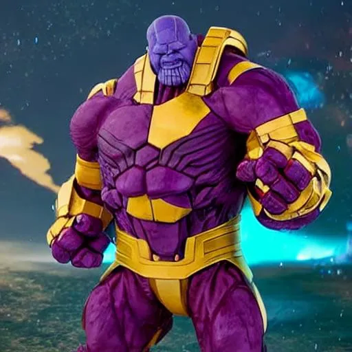 Prompt: Villan Thanos beating up Hulkbuster