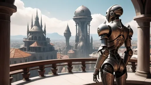 Prompt: a slender warforged automaton stands with back to camera on a large round balcony with a solid railing looking out over a fantasy city paradise during the age of arcanum 