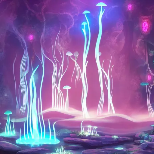 Prompt: luminescent runic columns, tall mushrooms, stream with a small waterfall, glowing vines, stary skies, solarpunk