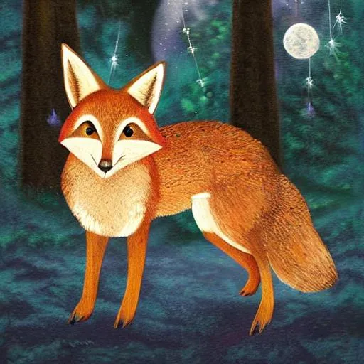 Prompt: Forest
Rabbit
Fox
Trees
Stars
Midnight
Realistic
Illustration 
Painting 
