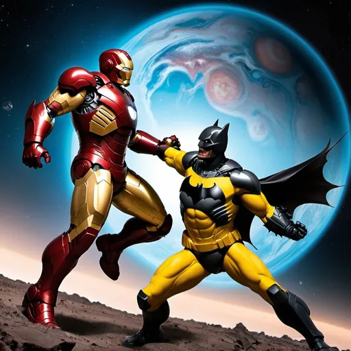 Prompt: iron man is fighting batman on the planet which is Jupiter.