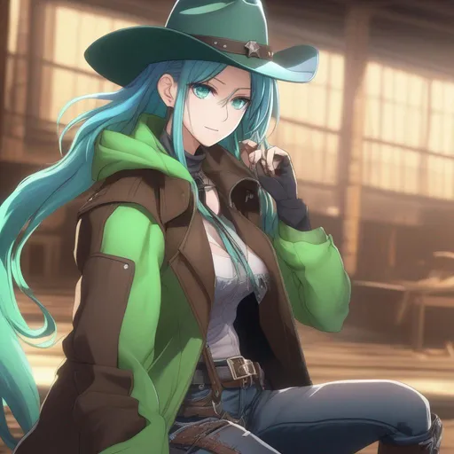 Prompt: She has a long, distinctive neon-green that fades to neon-blue hair in a ponytail, heterochromia eyes left eye green, right eye blue, wearing a long brown coat, grey vest, denim pants, black cowboy boots, holding a pistol, wearing a brown sheriff's cowboy hat, 8k, UHD, heavily detailed, anime style
