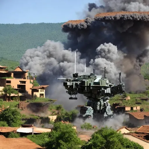 Prompt: automatic grenade launcher mounted on a giant robot destroying a poor African village because they cant defend themselves from space technology