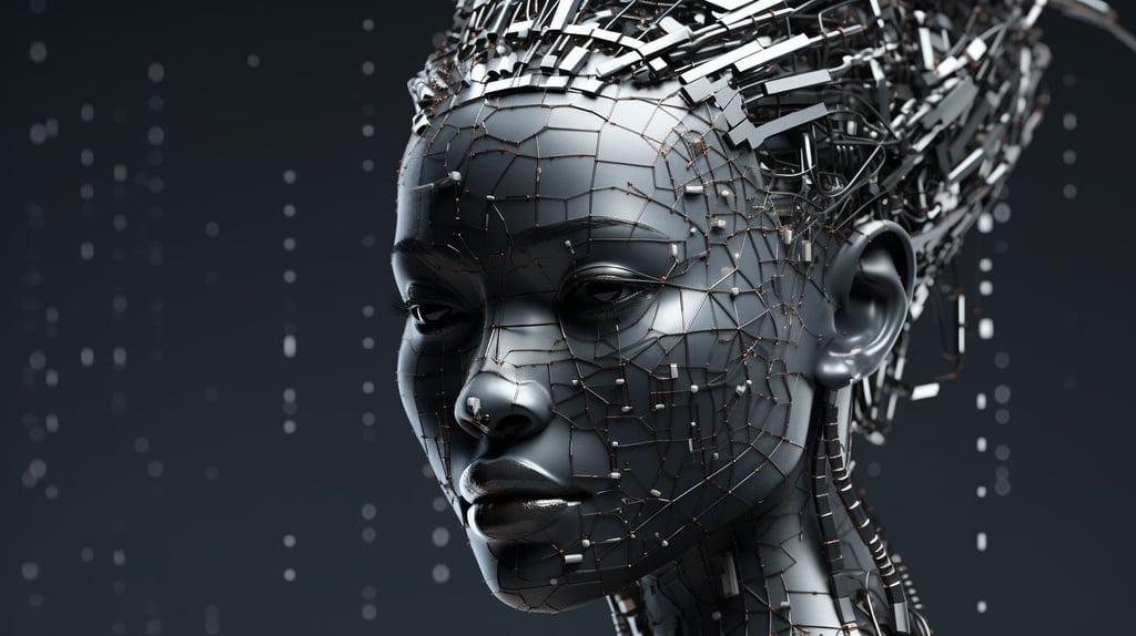 Prompt: pixelated digital face of a young woman with black wires behind her head, in the style of organic sculpting, afrofuturism, dark silver and dark black, uhd image, meticulous detailing, robotic motifs, sculptural expression