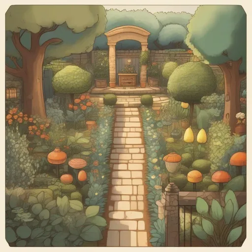 Prompt: garden drawn in the style of the professor layton games