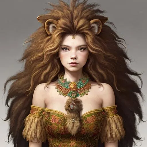 Prompt: lion lady-lady with thick hair like a lion's mane