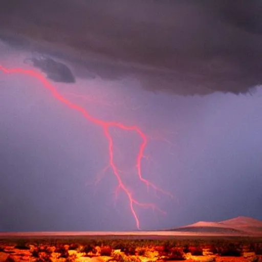 Prompt: Desert dark rain with thunder lightning blood red sky demonic