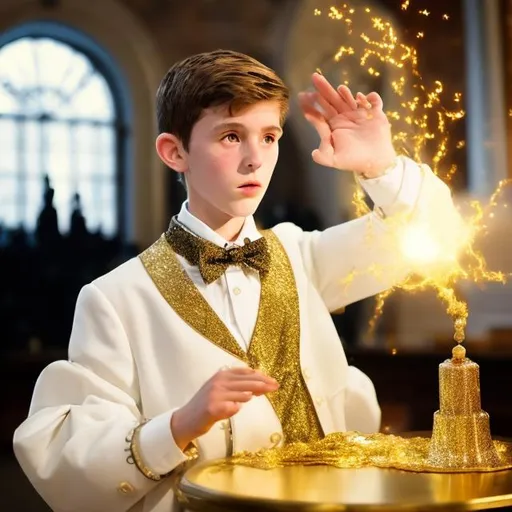 Prompt: 13 year old boy cast a gold sparkly crazy magic spell that gose flying through the air towards a Lady in a white dress shirt with a very puffy collar 