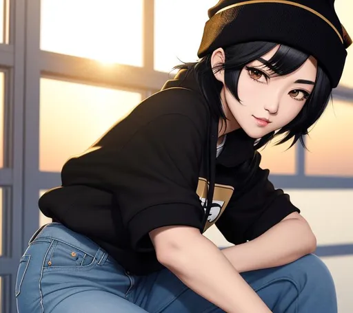 Prompt: manga by Kohei Horikoshi, hot tough 3D korean girl with medium length black fluffy hair and black eyes, pale complexion, Joan Jett lookalike, round face, bushy eyebrows, smirk expression, glaring eyes, beanie, black sweatshirt and baggy jeans, office setting, golden hour, medium shot, mid-shot, front view, ultra realistic, intricate details, highly detailed, trending on Artstation, Hyperealistic details ray tracing shaders, octane render 8 k, 64k, UHD, unreal engine 