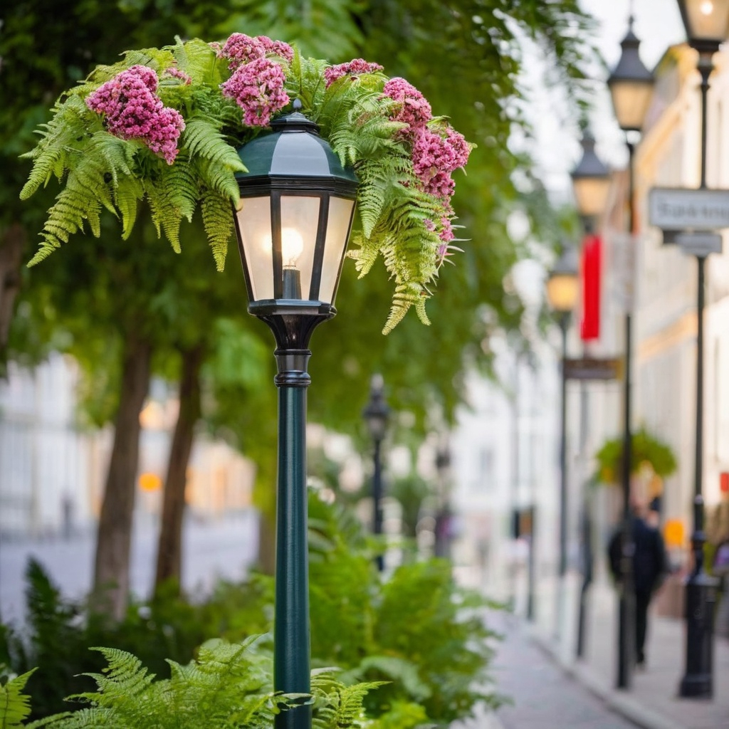 a lamp post with a bunch of tiny flowers on it, lamp…