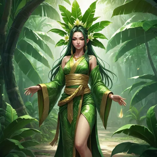 Prompt: Full body, Nang Tani, female Thai banana tree spirit, wearing green Thai robe, hair decorated with bananatree leaves and bananablossoms, green glowing eyes, beautiful, mystical atmosphere, RPG-fantasy, intense, detailed, game-rpg style, bright lighting, fantasy, detailed character design, atmospheric, otherwordly ambiance