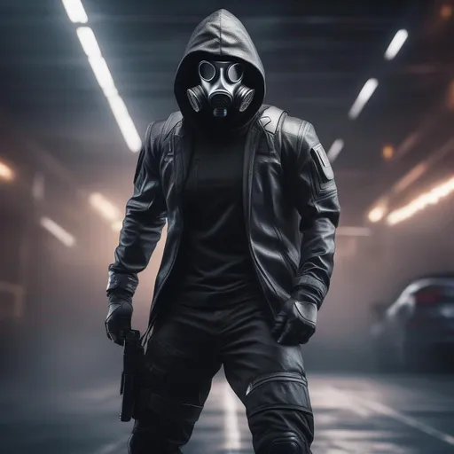 Prompt: Male agent with a gas mask, black and grey cyberpunk outfit with a hood, fighting a bandit, Hyperrealistic, sharp focus, Professional, UHD, HDR, 8K, Render, electronic, dramatic, vivid, pressure, stress, nervous vibe, loud, tension, traumatic, dark, cataclysmic, violent, fighting, Epic
