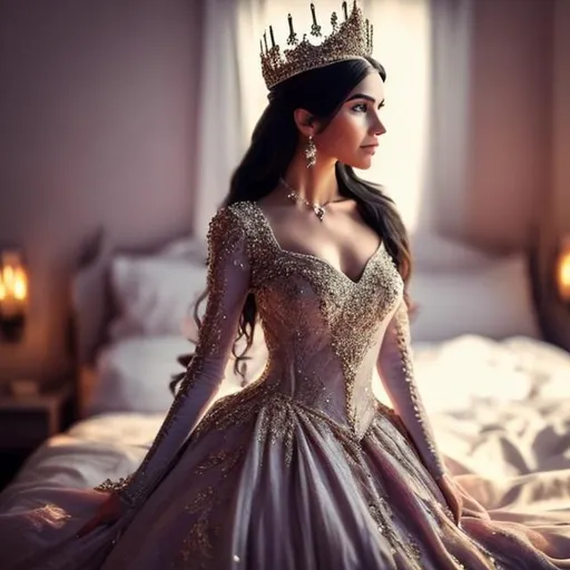 Prompt: create  queen on her kingdom bed in room at  night fully face focused long hairs . usally women have two hands two legs make perpect do not show three hand arms etc .