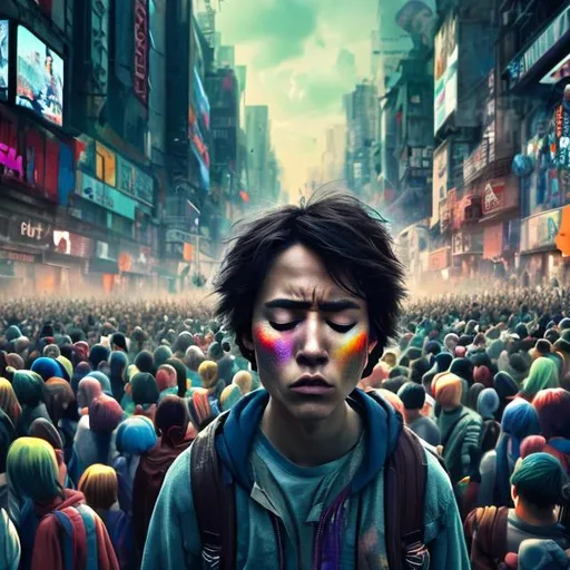Prompt: A protagonist in his Colorful painted shown in a Disturbing daily life scene, eyes closed, in a moving big human crowd, cinematic city, dramatic sky, big scene, realistic, 4k resolution, 35mm lens, a bit dreamy, details