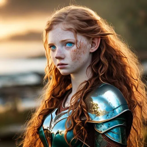 Prompt: Burnett, wavy hair, blue eyes, freckles, woman, elf, bow and arrow, armour, fair skins 