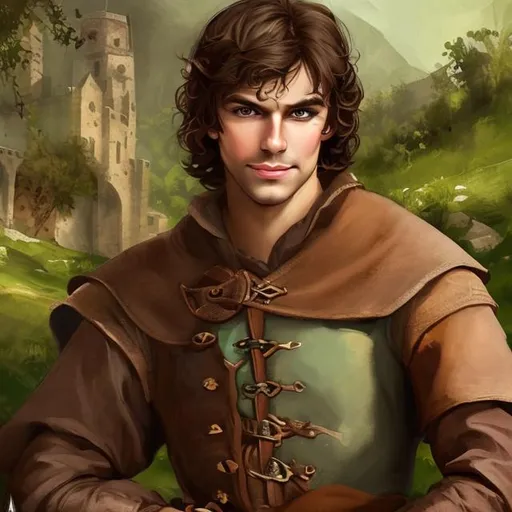 Prompt: fantasy handsome brunette peasant, leather wrist cuffs
light brown hair
green eyes
mischievous smirk
medieval romantic painting
