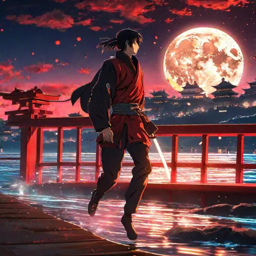 Prompt: anime cyberpunk ninja running across a river with glowing water, red tori gate in the background, moon lit with comets in the sky, highly detailed, hd, 8k, hayao miyazaki