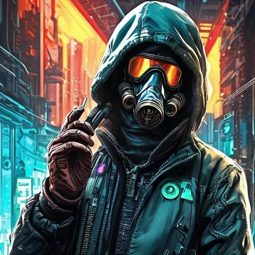 Prompt: masterpiece, ultra realistic, trending on artstation, best quality:1.5), full body, cyberpunk {mage:4} holding a ciggarette, vibrant colors, guy with a gas mask on hiding his face,finely detailed, highly detailed gas mask, face close-up, (hyper realistic gas mask: 2), (sharp intricately detailed eyes:2), highly detailed shading, yellow and scarlet tones, slender, highly detailed body, full body focus, beautifully detailed background, cinematic, ((studio lighting)), 64K, UHD fire coming out of the gas mask (highly detailed fire   Coming out of the mask )