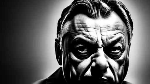 Prompt: Viktor Orban's angry and evil head sideways from black background 
