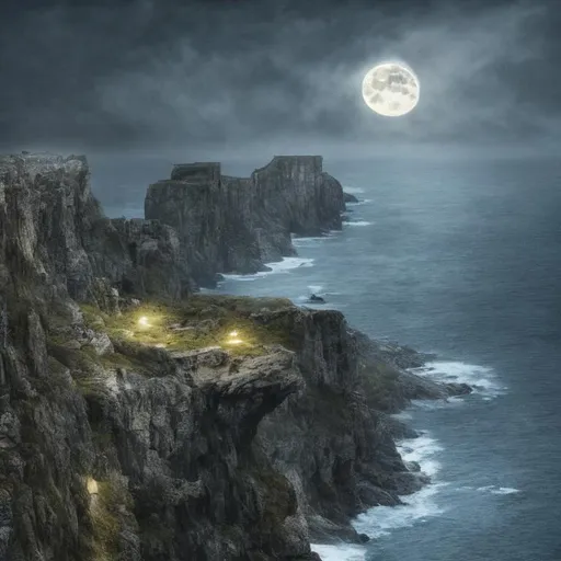 Prompt: cliffs faintly resembling dragons, overlooking a medieval fortress along the coastline, at night with a full moon, HD, hdr, darkened, wet graphite, 4k, hyper-realistic, photo realistic, ar 16:9