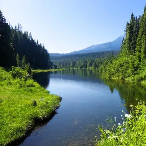 Prompt: water, river, hill, mountain, photorealistic, path, trees, bushes, hiking, trail, lake