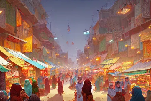 Prompt: a landscape of traditional Arabic market. Crowded and joyful. Vivid color