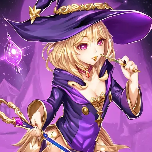 Prompt: Butiful witch with a magic wand and gold lips