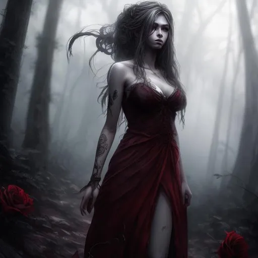 Prompt: full body view, walking, long hair, female, high fantasy, fine details, realistic shaded, looking off into a forest, grunge, dark, Unreal Engine, Beautiful, Hd Photography, Hyperrealism, long red dress, high contrast, detailed face, roses, fog, rising skeletons