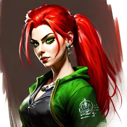 Prompt: Jinx with red hair and green eyes full body throwing a dagger