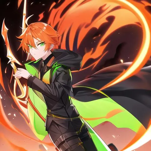 Prompt: Ziminiar male. Sharp green eyes. Short orange hair. Grim reaper. UHD, HD, 4K. Holding a glowing orange scythe 