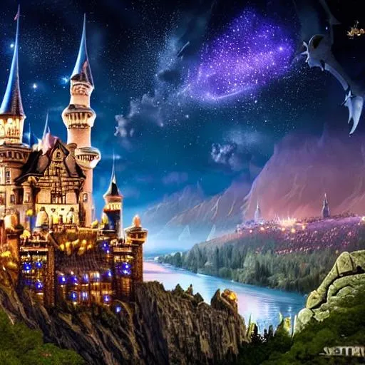 Prompt: A super detailed castle under the starry sky, constellation, clear sky, fantasy, magical, mystical creatures surrounding, light particles, dark palette, ghastly aura, spirits, glow, reflection in river, extremely detailed, 5K, HD, 3D, detailed castle, dark castle, silhouette, extreme detail