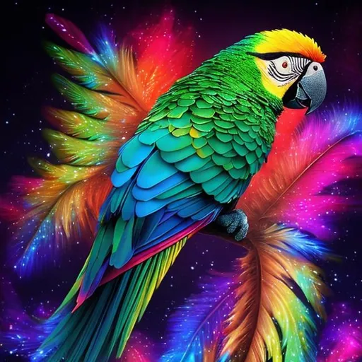 Prompt: celestial glowing feathers glistening parrot