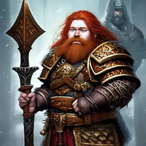 Prompt: redheaded dwarf cleric with a beard, holding a warhammer, fantasy
