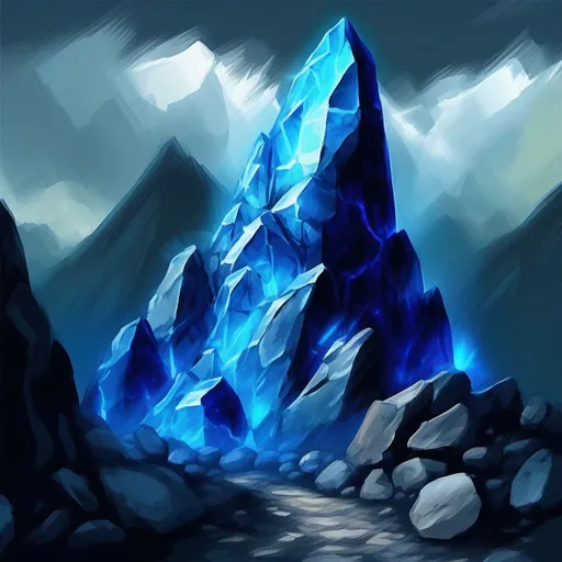 Prompt: Mountain scenery, cloudy, overcast lighting. South American mountain, very rocky, made up of granite and stone, evil tribe mines glowing blue crystal rocks there, smooth, digital paint strokes, arcane style