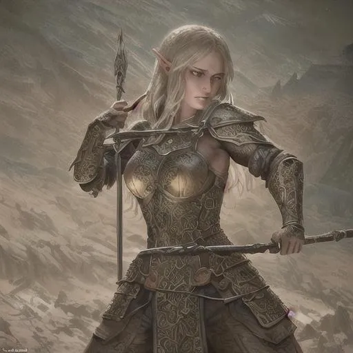 Prompt: portrait of a (Adult female half wood elf druid in battle swinging a quarterstaff),wearing leather armor, War background, D&D setting. perfect composition, hyperrealistic, super detailed, 8k, high quality, trending art, trending on artstation, sharp focus, studio photo, intricate details, highly detailed, by greg rutkowski and alphonse mucha