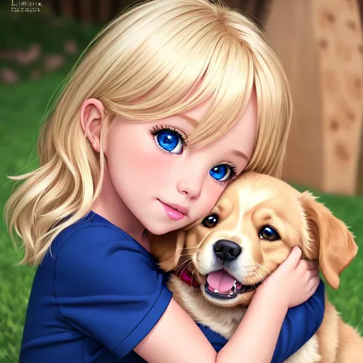 Prompt: Blonde hair, perfect skin, blushing, full body, child, beautiful, blue eyes, hugging dog, golden retriever, dog blue eyes, child 5 years old, full lips, 4K, 16K, highly realistic, extremely detailed, photo realistic, photo quality