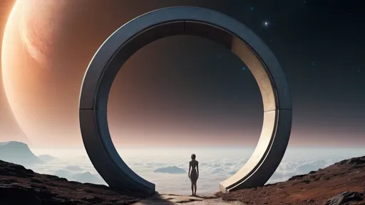 Prompt: circular portal, gateway between worlds, gateway leading to another planet, ring, ring standing on edge, freestanding ring, complete ring, panoramic view