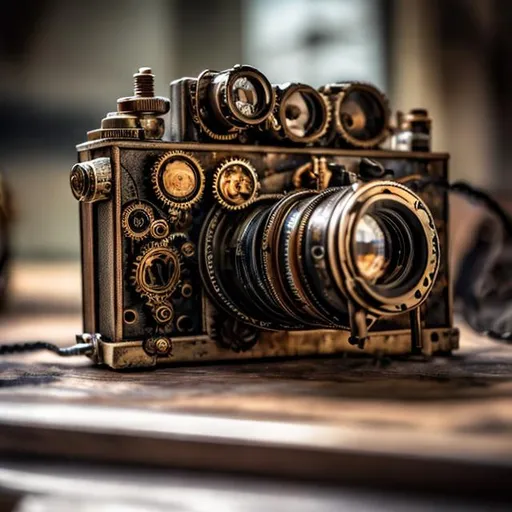 Prompt: a steampunk camera lying on a metal table
