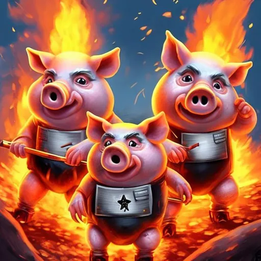 Prompt: Two bipedal pig-cops in their uniforms  are burning in hell,  & being whipped by a demon.