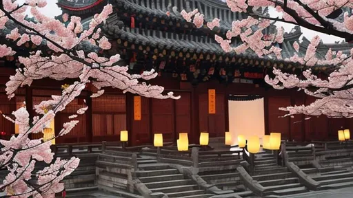 Prompt: Movie footage, night, snowy day, ancient Chinese architecture, palace maids holding lanterns walking in the courtyard, with plum blossoms in full bloom