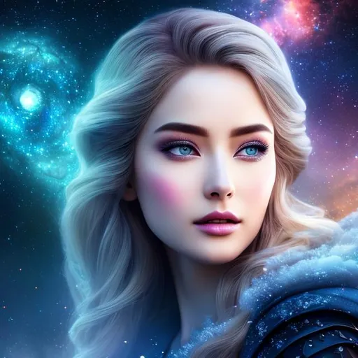 Prompt: create photograph of beautiful fictional winter female goddes princes with most beautiful eyes, extremely detailed face, space and planets an nebulae in sky highly detailed, extremely detailed environment, extremely detailed background, intricate, extremely detailed skin, natural colors , professionally color graded, photorealism, 8k, realistic, moody lighting, ambience lighting