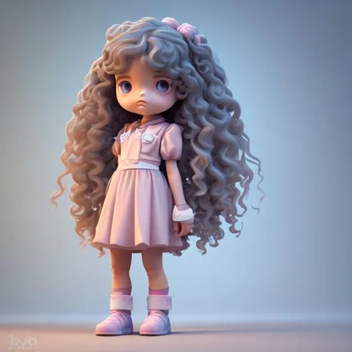 Prompt: Little cute girl with curly hair toy, standing character, soft soft lighting, soft pastel colors, Scotty Young, 3d blender rendering, polycount, modular constructivism, pop surrealism, physically based rendering, square image