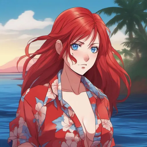 Prompt: Anime Style, young adult female, wearing open Hawaiian shirt with no bra, with long blood-red hair, blue eyes, with red water in the background.
