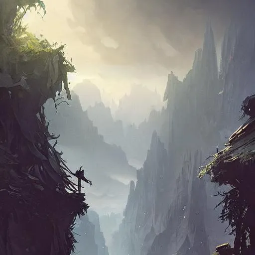 Prompt: fantasy concept art by greg rutkowski, hooded figure discovers overgrown buildings and artifacts from an ancient civilization, rugged jungle landscape, gestural oil painting style, floating sky islands, cinematographic morning light, floating glowing rock islands, sea in the background, artstation hq, seen from a person's perspective