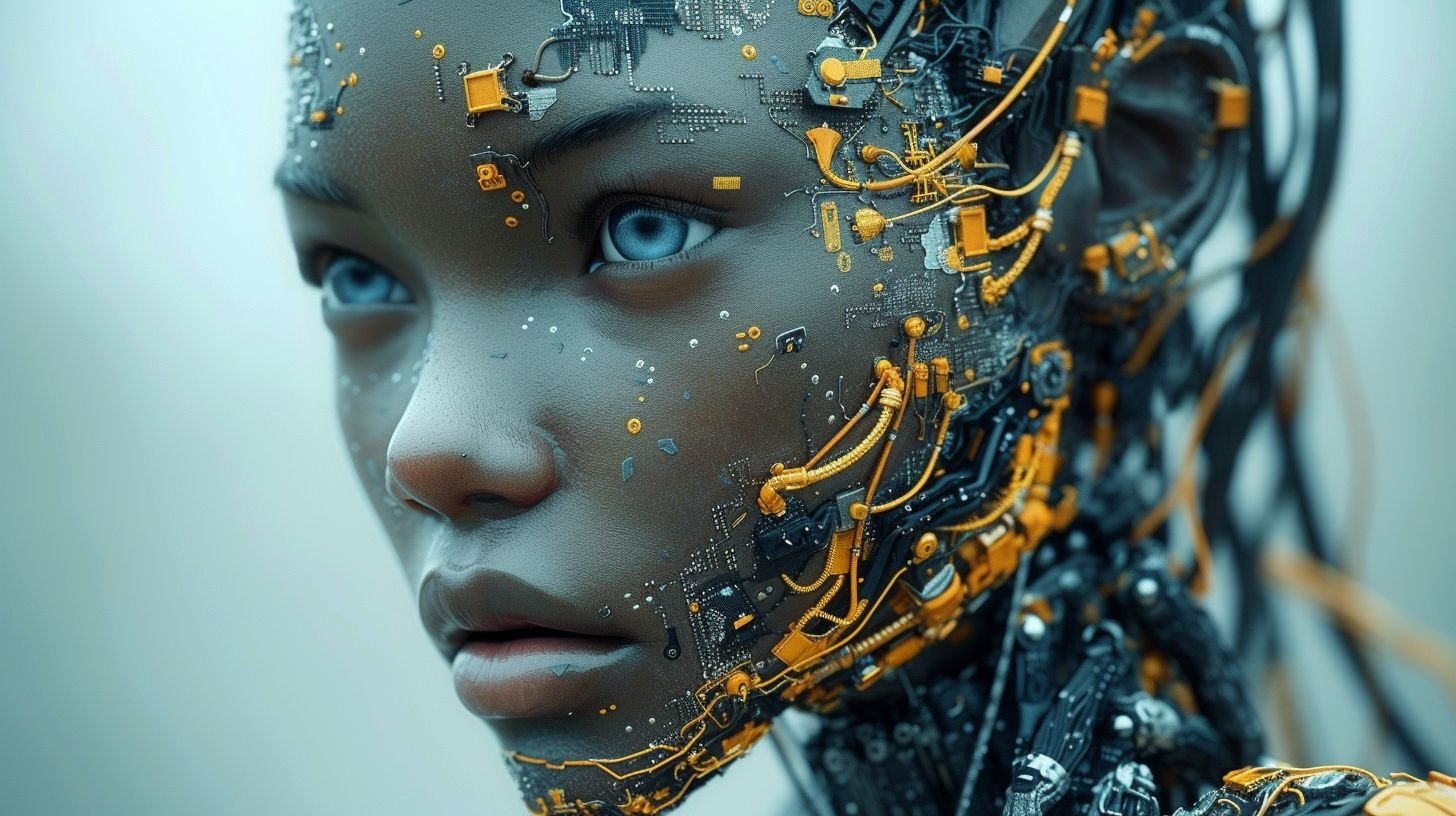 Prompt: Create a futuristic portrait of an advanced humanoid robot. The robot is adorned with a complex network of silver and gold wires forming an intricate circuitry pattern across the head and neck, resembling a high-tech crown. These wires should be set against the robot's smooth, matte black skin. The robot's eyes are a deep, glowing blue, with a sharp gaze that exudes intelligence and depth. The background is a subtle gradient from dark to light grey, focusing all attention on the robot, which is a blend of elegance, power, and advanced technology. The artwork should have a hyper-realistic quality, with a balance of shadow and light that highlights the textures and materials, making it appear tangible.